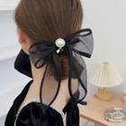 Bow Mesh Faux Pearl Hair Clamp Black - One Size