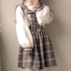 Bow Accent Puff-sleeve Pullover / Plaid Suspender Skirt / Suspender Pants