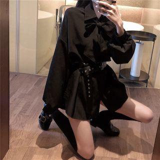 Set: Long-sleeve Plaid Shirt + Belt With Belt - Black - One Size