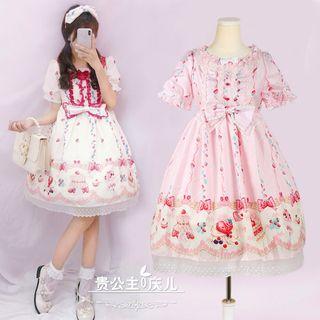 Printed Short-sleeve A-line Dress / Hairband / Set