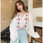 Embroidered Split-neck Puff-sleeve Blouse White - One Size