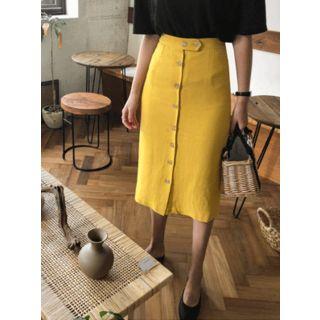 Buttoned Linen Blend H-line Midi Skirt
