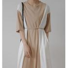 Two-tone Elbow-sleeve Midi A-line Dress Khaki - One Size