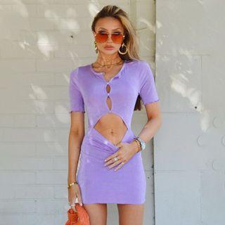 Short Sleeve Ruffled Cut-out Mini Bodycon Dress