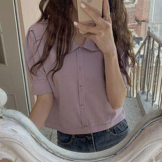 Puff-sleeve Polo Collared Knit Top