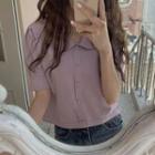 Puff-sleeve Polo Collared Knit Top
