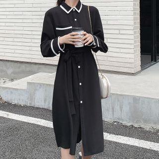 Contrast Trim Tie-waist Midi Shirtdress