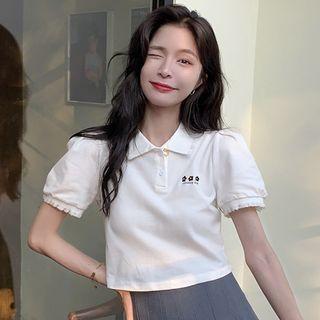 Short-sleeve Flower Print Crop Polo Shirt
