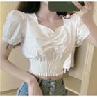 Puff-sleeve Square-neck Shirred-front Cropped Top