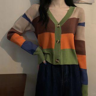 Color Block Cardigan Orange & Green & Brown - One Size