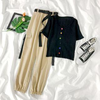 Short-sleeve Buttoned Knit Top / Cargo Pants