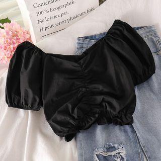 Plain V-neck Puff-sleeve Top Black - One Size