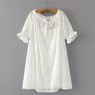 Set: Embroidered Perforated Short Sleeve Dress + Slipdress