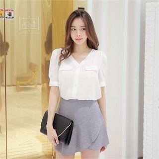 Short-sleeve Flap-detail Chiffon Blouse