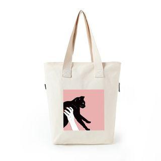 Black Cat Print Canvas Tote Bag