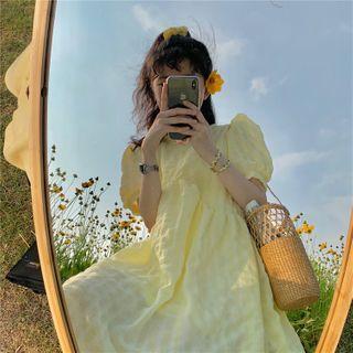 Bow-accent Short-sleeve Dress Yellow - One Size