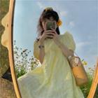 Bow-accent Short-sleeve Dress Yellow - One Size