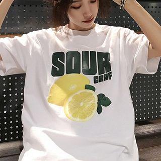 Lemon Print Elbow-sleeve T-shirt White - One Size