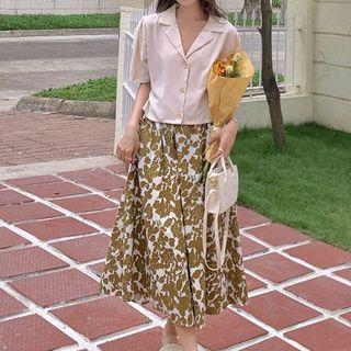 Elbow-sleeve Notch Lapel Shirt / Floral Print Midi A-line Skirt