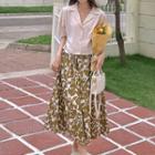Elbow-sleeve Notch Lapel Shirt / Floral Print Midi A-line Skirt