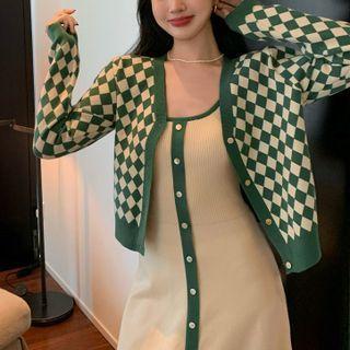 Checkered Cropped Cardigan / Spaghetti Strap Midi A-line Dress