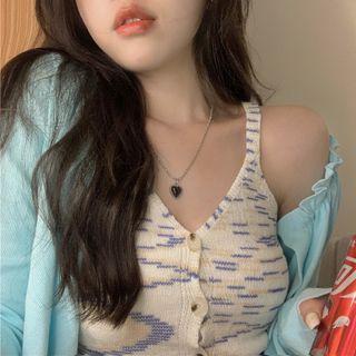 Patterned Button-up Camisole Top / Long-sleeve Ruffle Trim Cardigan
