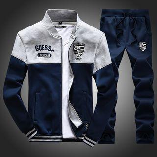 Set: Color Panel Embroidered Zip Jacket + Sweatpants