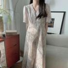 Short Sleeve V-neck Floral Print Button-up Midi Chiffon Dress