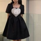 Short-sleeve Faux Pearl Embellished Mini A-line Dress Black - One Size