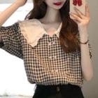 Short-sleeve Double Breasted Gingham Blouse Plaid - Gray - One Size