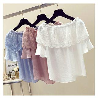 Lace Trim Off Shoulder Short Sleeve Blouse