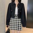 Cropped Denim Button Jacket / Plaid Mini A-line Skirt