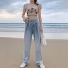 Open-knit Crop Cape Top / High-waist Straight-cut Jeans