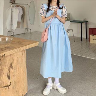 Midi A-line Overall Dress / Short-sleeve Floral Print Top