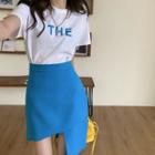 Short-sleeve Lettering T-shirt / Asymmetrical Midi A-line Skirt