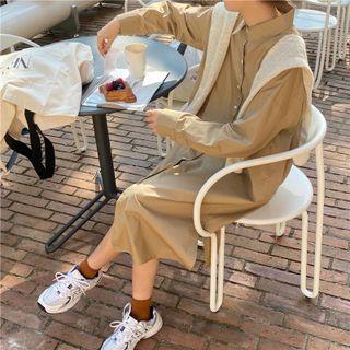 Plain Midi Shirtdress Khaki - One Size