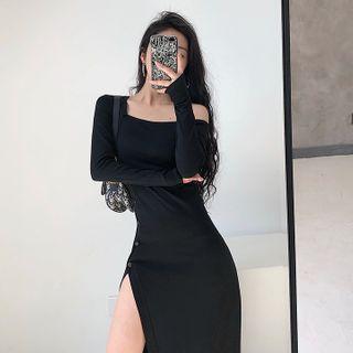 Plain Long-sleeve Slim-fit Maxi Dress
