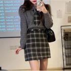 Cable Knit Sweater With Necktie / Plaid Mini A-line Skirt