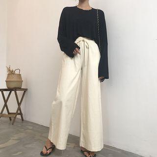Long Sleeve Plain T-shirt / Plain Wide Leg Pants