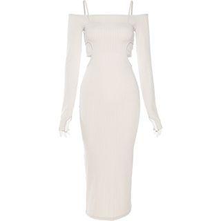 Set: Long-sleeve Top + Spaghetti-strap Midi Sheath Dress