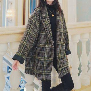 Double Breasted Gingham Woolen Coat