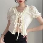 Short-sleeve Lace Trim Ruffled Tie-front Top