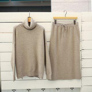 Turtleneck Top & Drawcord Skirt Knit Set