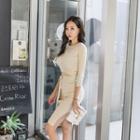 Set: Tie-waist Rib-knit Top + Slit-side Pencil Skirt