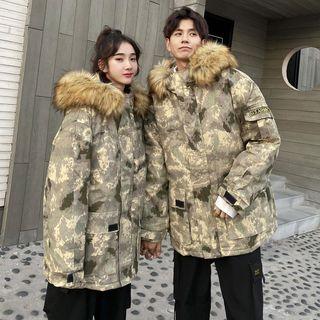 Couple Matching Furry Hood Camo Jacket / Cargo Pants