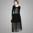 Set: Long-sleeve Letter Knit Top + Mesh Overlay A-line Midi Skirt