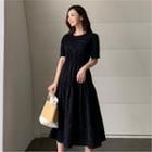 Drawstring-waist Textured Dress Black - One Size
