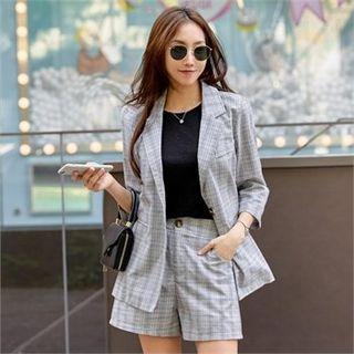 Set: Plaid Blazer + Flat-front Shorts Gray - One Size