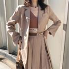 Open Front Blazer / Lettering Crop Knit Cami Top / Midi Pleated Skirt