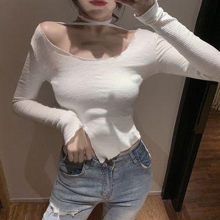 Long-sleeve Side-slit Cropped T-shirt